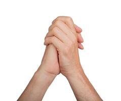Hands supporting, helping and giving together. Clasped and intertwined fingers interlocked, isolated photo