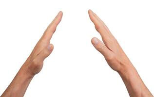Hands gesturing with open palms, fingers human and isolated. White pair reaching, two touching in photo