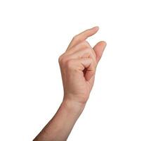 Hand holding a little bit of something, isolated on white background. Gesture indicating a pinch or photo