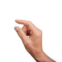 Hand holding a little bit of something, isolated on white background. Gesture indicating a pinch or photo