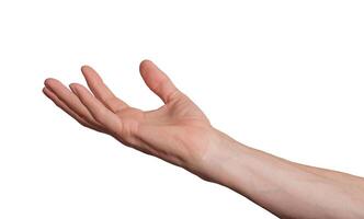 Open palm hand holding or giving something, isolated on white background. Gesture indicating photo