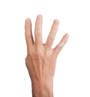 Hand showing four fingers, isolated on white background. Gesture indicating the number four, ideal photo