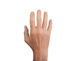 Male hand with fingers apart, showing a gesture of hello or goodbye. Isolated on a white background, photo