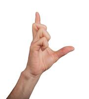 Hand showing a large measurement using thumb and index finger, isolated on white background. Gesture photo