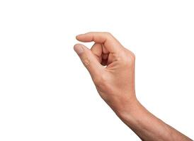 Hand holding a little bit of something, isolated on white background. Gesture indicating a pinch or photo