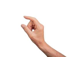 Hand holding a little bit of something, isolated on white background. Gesture indicating a pinch or photo