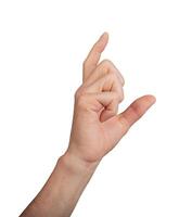 Hand showing a large measurement using thumb and index finger, isolated on white background. Gesture photo