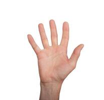 Open palm hand waving hello or goodbye, isolated on white background. Male hand showing gesture of photo