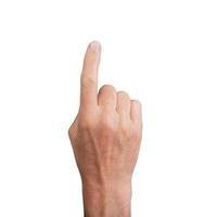 Hand pointing up with index finger, isolated on white. Gesture indicating touch or selection, ideal photo