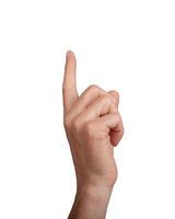 Hand pointing up with index finger, isolated on white. Gesture indicating touch or selection, ideal photo