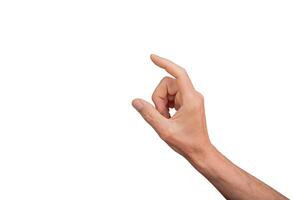 Hand showing a small measurement using thumb and index finger, isolated on white background. Gesture photo
