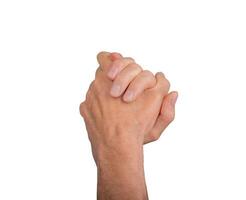Two clasped hands with interlocked fingers, symbolizing unity and support. Isolated on white photo