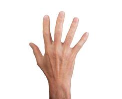 Hand waving hello or goodbye, isolated on white background. Open palm with fingers spread, ideal for photo