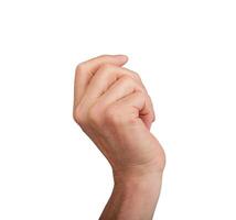 Hand holding something, partially curled into a fist, isolated on white background. Gesture photo
