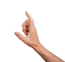 Hand showing a large measurement using thumb and index finger, isolated on white background. Gesture photo