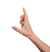 Hand showing a large measurement using thumb and index finger, isolated on white background. Gesture photo