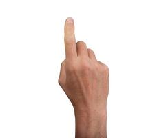 Hand pointing up with index finger, isolated on a white background. Ideal for concepts of touch, photo