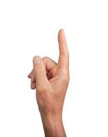 Hand pointing up with index finger, isolated on white. Gesture indicating touch or selection, ideal photo