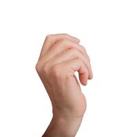 Hand holding something, partially curled into a fist, isolated on white background. Gesture photo