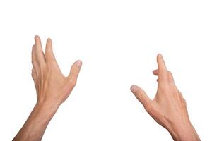Hand reaching out, point of view POV perspective, isolated on white background. Gesture indicating photo
