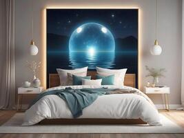 A serene bedroom with an empty canvas frame, illuminated by the soft glow of a magical orb, and surrounded by shimmering water design photo