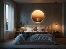 A serene bedroom with an empty canvas frame, illuminated by the soft glow of a magical orb, and surrounded by shimmering water design photo