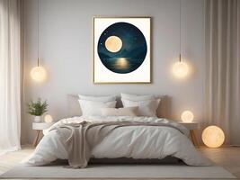 A serene bedroom with an empty canvas frame, illuminated by the soft glow of a magical orb, and surrounded by shimmering water design photo