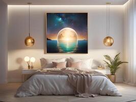 A serene bedroom with an empty canvas frame, illuminated by the soft glow of a magical orb, and surrounded by shimmering water design photo