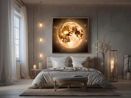 A serene bedroom with an empty canvas frame, illuminated by the soft glow of a magical orb, and surrounded by shimmering water design photo