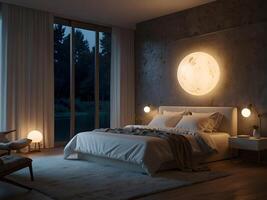A serene bedroom with an empty canvas frame, illuminated by the soft glow of a magical orb, and surrounded by shimmering water design photo