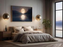 A serene bedroom with an empty canvas frame, illuminated by the soft glow of a magical orb, and surrounded by shimmering water design photo