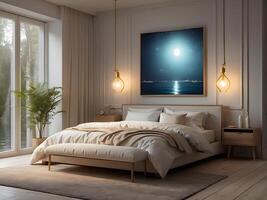 A serene bedroom with an empty canvas frame, illuminated by the soft glow of a magical orb, and surrounded by shimmering water design photo