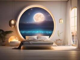 A serene bedroom with an empty canvas frame, illuminated by the soft glow of a magical orb, and surrounded by shimmering water design photo