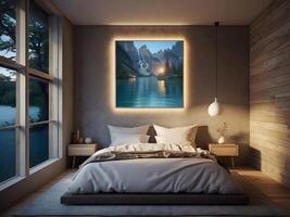 A serene bedroom with an empty canvas frame, illuminated by the soft glow of a magical orb, and surrounded by shimmering water design photo