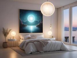 A serene bedroom with an empty canvas frame, illuminated by the soft glow of a magical orb, and surrounded by shimmering water design photo