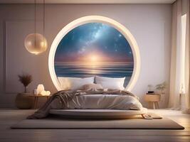 A serene bedroom with an empty canvas frame, illuminated by the soft glow of a magical orb, and surrounded by shimmering water design photo