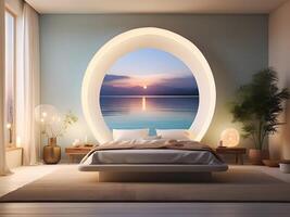 A serene bedroom with an empty canvas frame, illuminated by the soft glow of a magical orb, and surrounded by shimmering water design photo