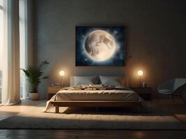 A serene bedroom with an empty canvas frame, illuminated by the soft glow of a magical orb, and surrounded by shimmering water design photo