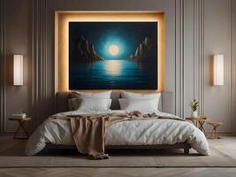 A serene bedroom with an empty canvas frame, illuminated by the soft glow of a magical orb, and surrounded by shimmering water design photo