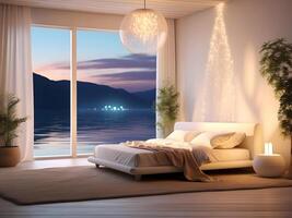 A serene bedroom with an empty canvas frame, illuminated by the soft glow of a magical orb, and surrounded by shimmering water design photo