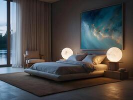 A serene bedroom with an empty canvas frame, illuminated by the soft glow of a magical orb, and surrounded by shimmering water design photo