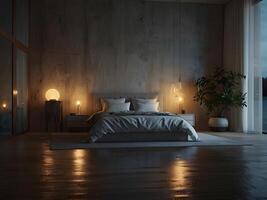 A serene bedroom with an empty canvas frame, illuminated by the soft glow of a magical orb, and surrounded by shimmering water design photo