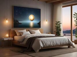 A serene bedroom with an empty canvas frame, illuminated by the soft glow of a magical orb, and surrounded by shimmering water design photo