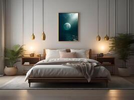 A serene bedroom with an empty canvas frame, illuminated by the soft glow of a magical orb, and surrounded by shimmering water design photo