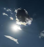 The Sun is Shining Through the Clouds in the Blue Sky, Creating a Beautiful Natural Landscape with a Hint of a Lens Flare on the Horizon. Heavenly Glow of Majestic Sky. High quality photo