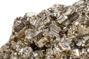 Macro mineral stone Pyrite gold on white background photo
