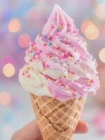 vanilla strawberry soft ice in a ice cream cone with finger part holding it photo