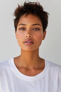 modelo con corto marrón pelo y blanco camisa foto