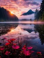illustration of a stunning landscape of a serene mountain lake at sunrise photo
