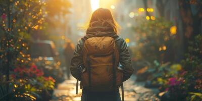 A woman with a backpack walking in nature in the morning photo